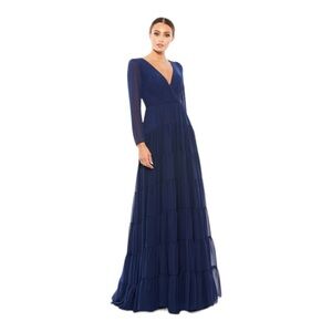 Mac Duggal Faux Wrap Illusion Long Sleeve Tiered Gown in Midnight NWT